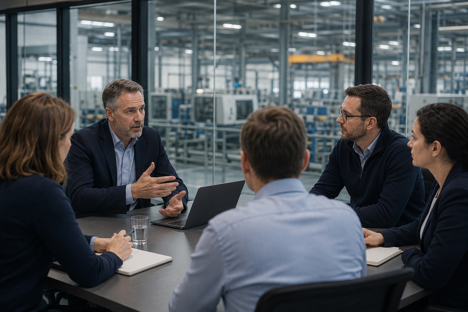 Consultants and manufacturing leaders discussing AI adoption beside a production environment