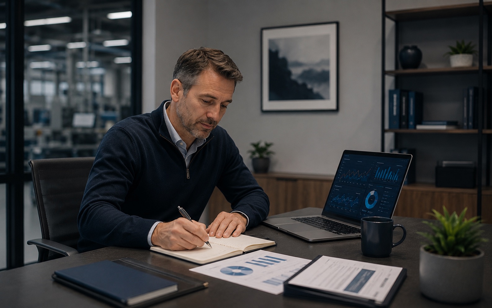 Consultant preparing notes beside an analytics dashboard