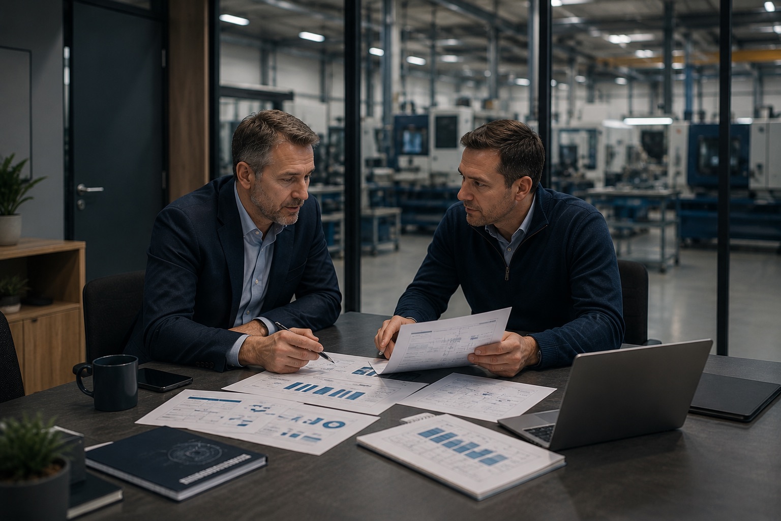 Consultant and manufacturer reviewing AI project funding documents