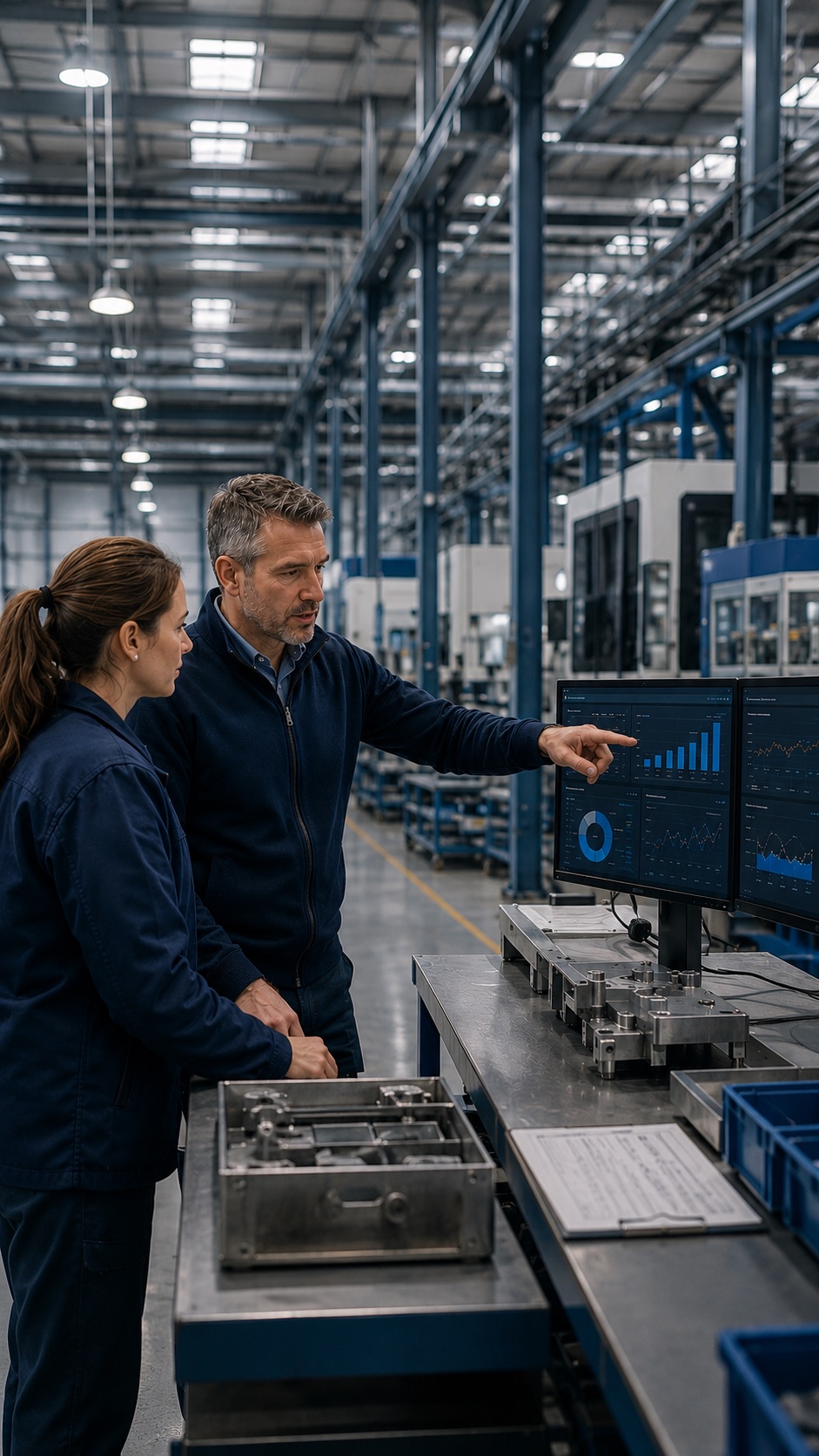 Manufacturing team reviewing production data on the factory floor