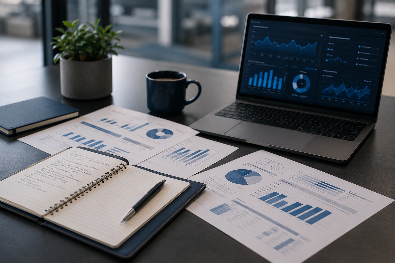 Manufacturing reports, notebook and analytics dashboard on a desk