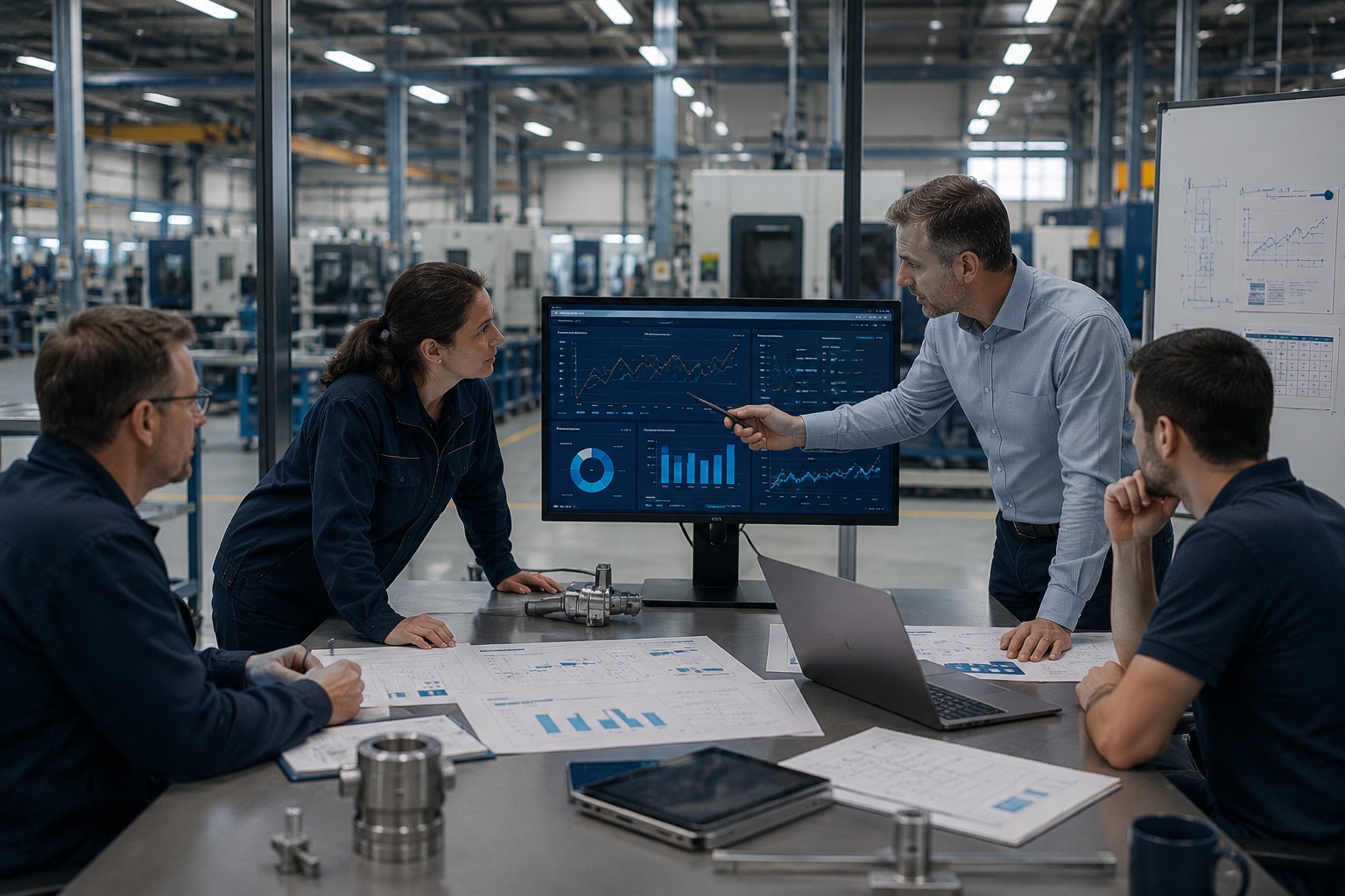 Manufacturing team reviewing AI and operations data for a service project