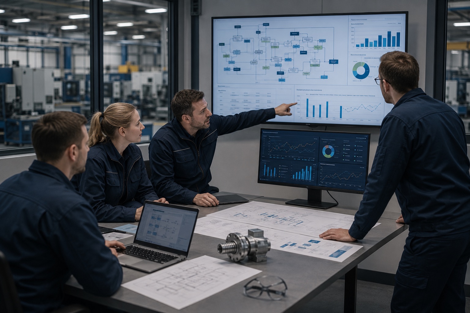 Manufacturing team reviewing process maps and performance dashboards